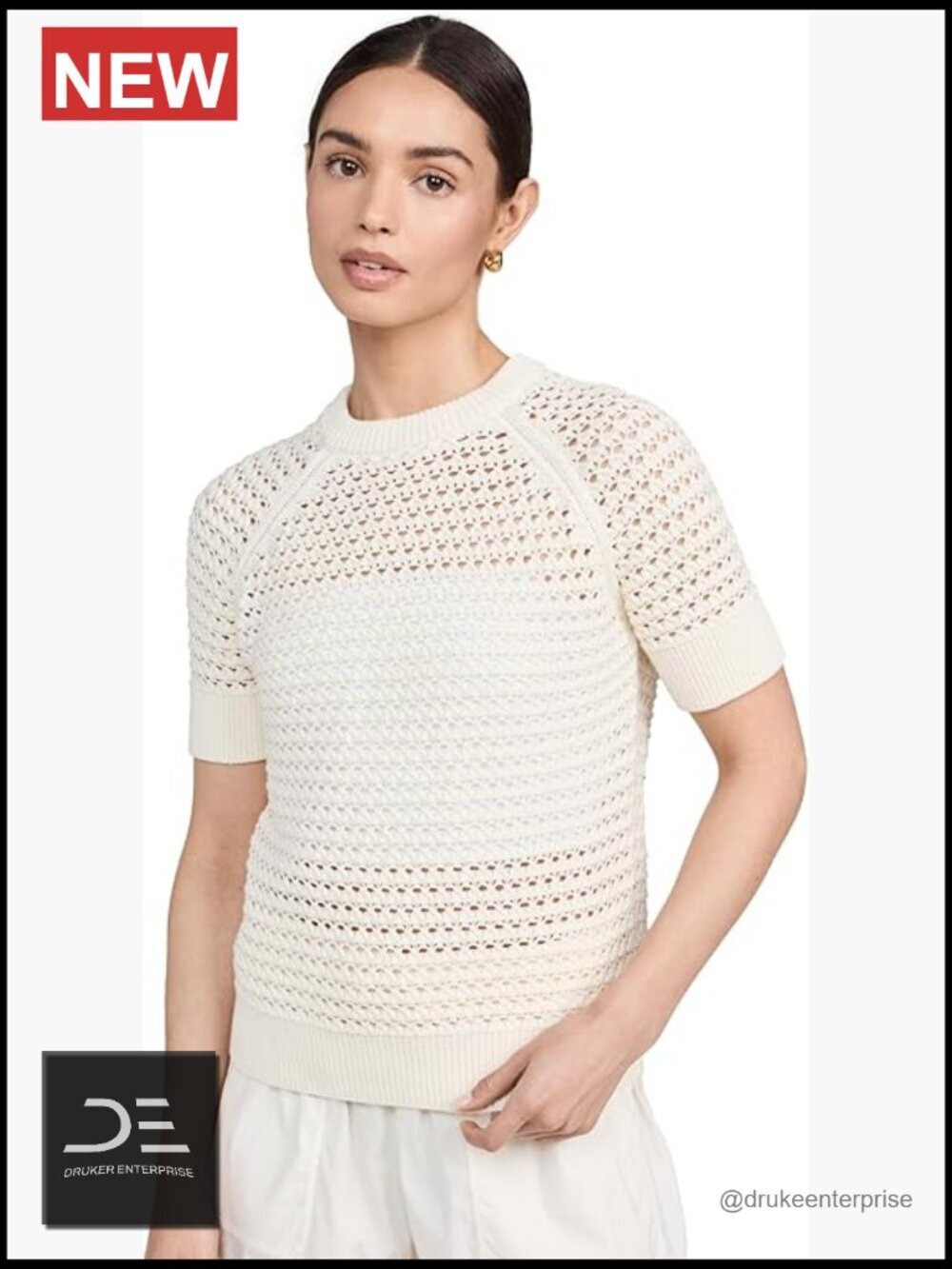 Mid-weight Open Knit Crew Neck Short Sleeve T-Shirt